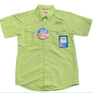 NWT Boys Youth Columbia PFG Button Down Short Sleeve Shirt Green Size M